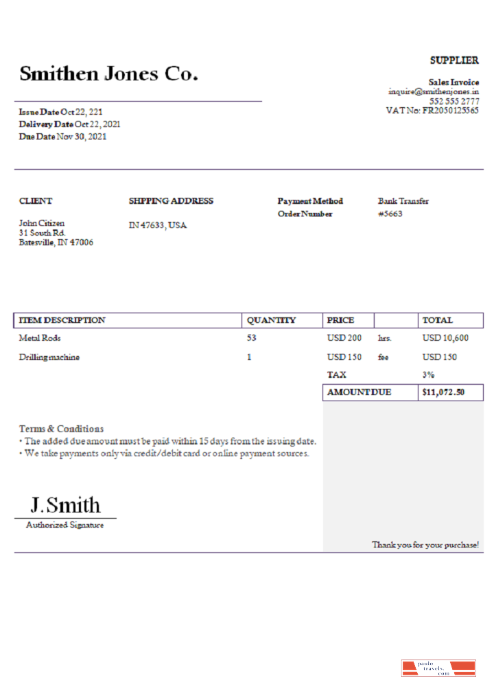 USA Smithen Jones Co. invoice PSD template